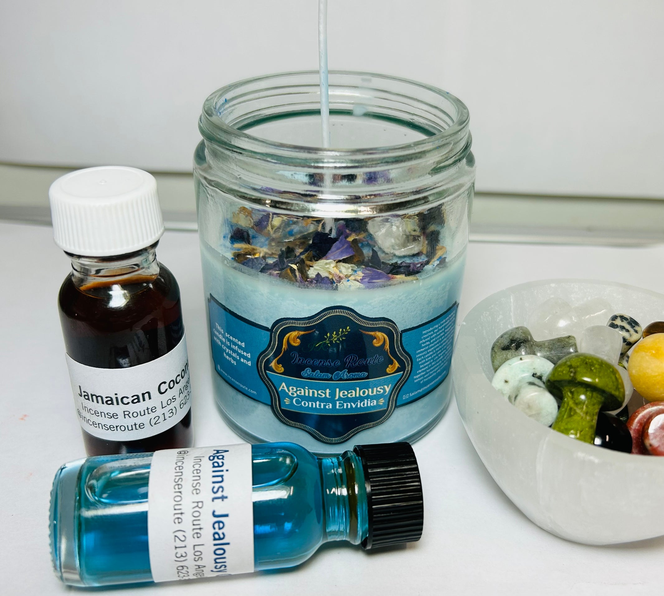 Handmade scented blue candle with herbs and crystals - Incense Route