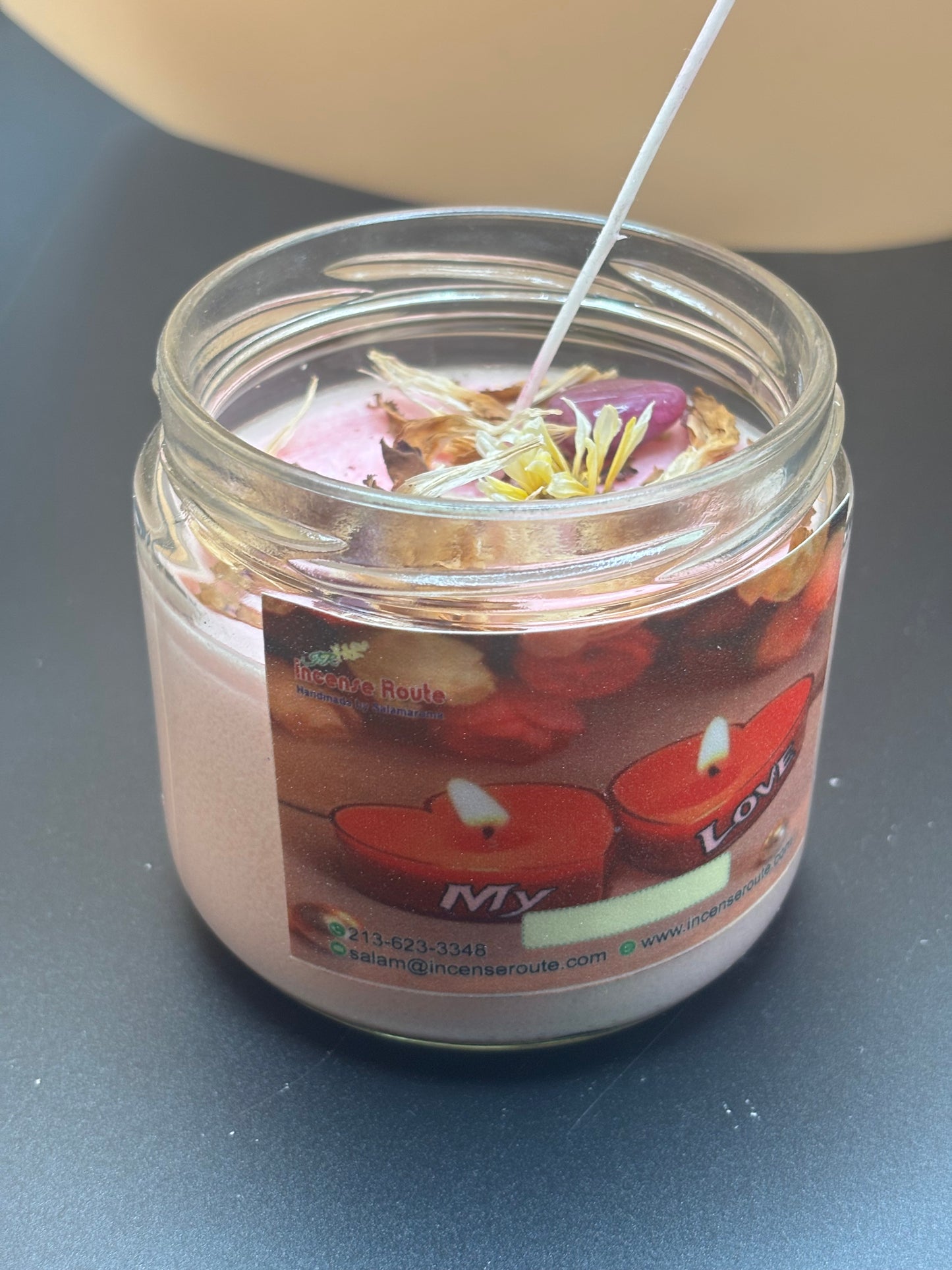 Home decor hand made scented candle with crystals and herbs